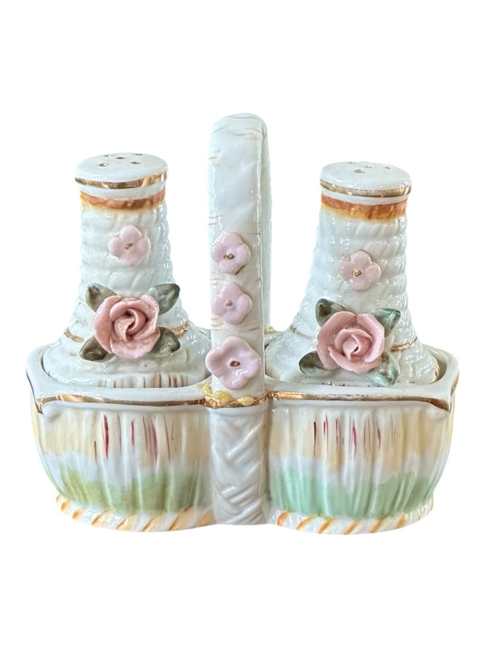 Pink Floral Porcelain Salt & Pepper Set with Carrier - Brand Unknown
